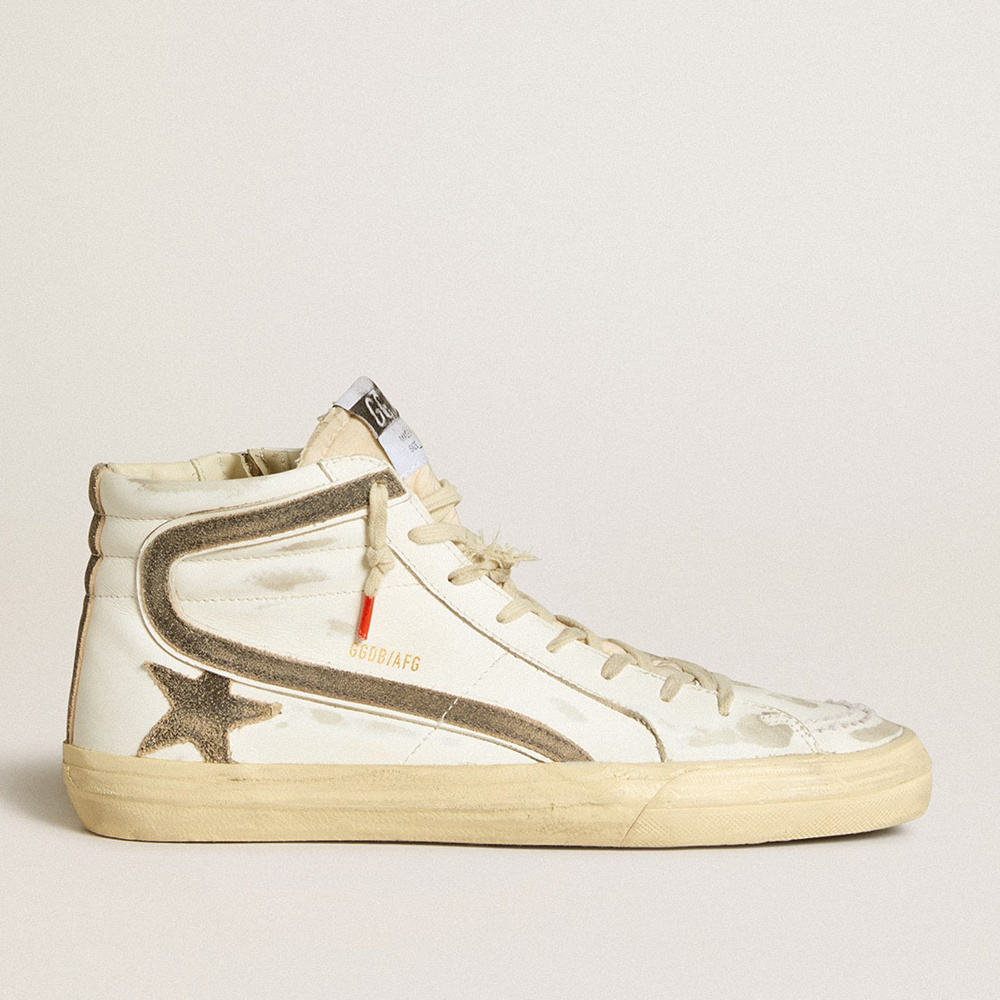 Golden Goose Men's Slide LAB In White Leather With Star And Flash In Brown Suede