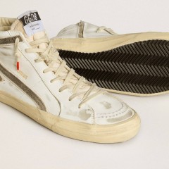 Golden Goose Men's Slide LAB In White Leather With Star And Flash In Brown Suede