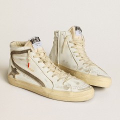 Golden Goose Men's Slide LAB In White Leather With Star And Flash In Brown Suede