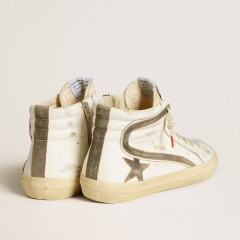 Golden Goose Men's Slide LAB In White Leather With Star And Flash In Brown Suede