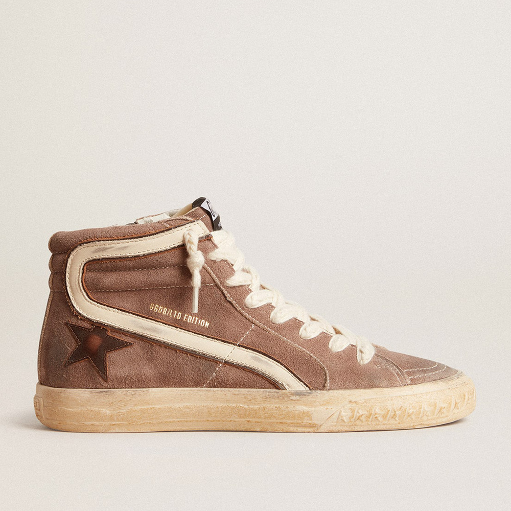 Golden Goose Men's Slide LTD In Brown Suede With Leather Star And Flash