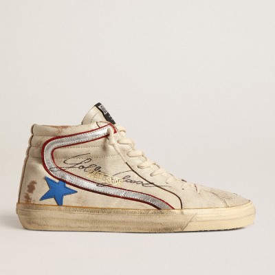 Golden Goose Men's Slide With Light Blue Leather Star And Metallic Silver Leather Flash