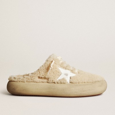 Golden Goose Men's Space-Star Sabots In Beige Shearling With White Leather Star