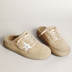 Golden Goose Men's Space-Star Sabots In Beige Shearling With White Leather Star