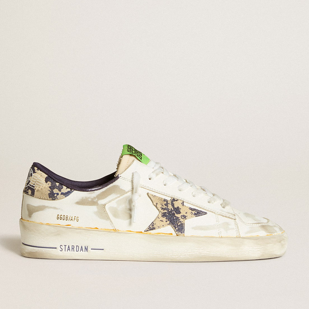 Golden Goose Men's Stardan LAB In White Leather With A Camouflage Star And Heel Tab