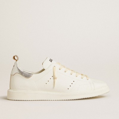 Golden Goose Men's Starter In White Leather With Silver Metallic Leather Heel Tab