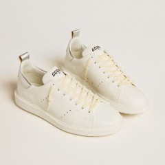 Golden Goose Men's Starter In White Leather With Silver Metallic Leather Heel Tab