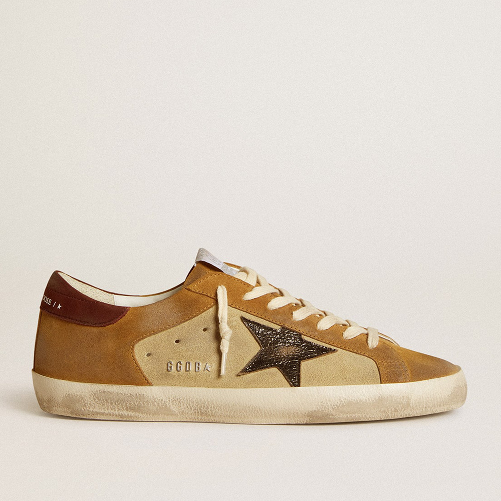 Golden Goose Men's Super-Star In Beige And Caramel Suede With Black Crackle Leather Star