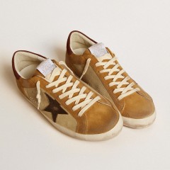 Golden Goose Men's Super-Star In Beige And Caramel Suede With Black Crackle Leather Star