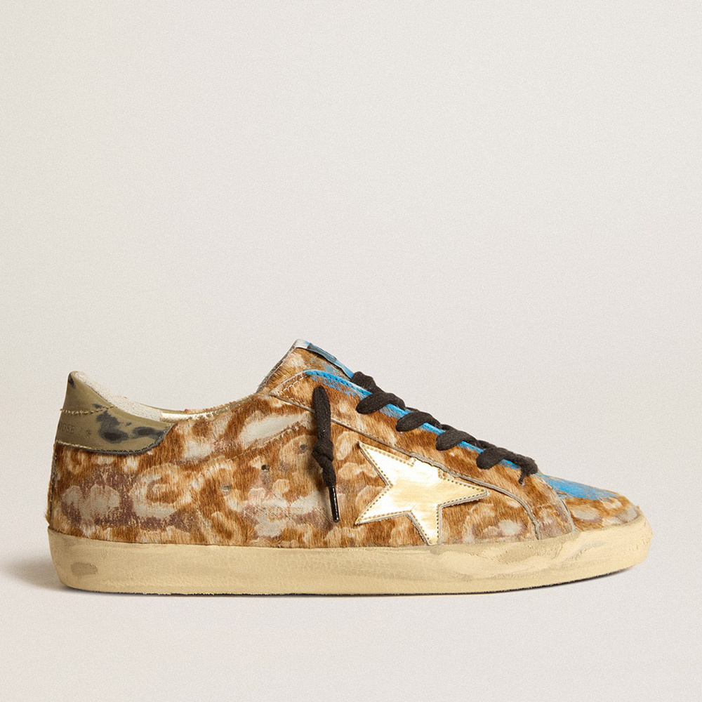 Golden Goose Men's Super-Star LAB In Leopard Pony Skin With Gold Star And Gray Heel Tab