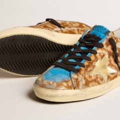 Golden Goose Men's Super-Star LAB In Leopard Pony Skin With Gold Star And Gray Heel Tab