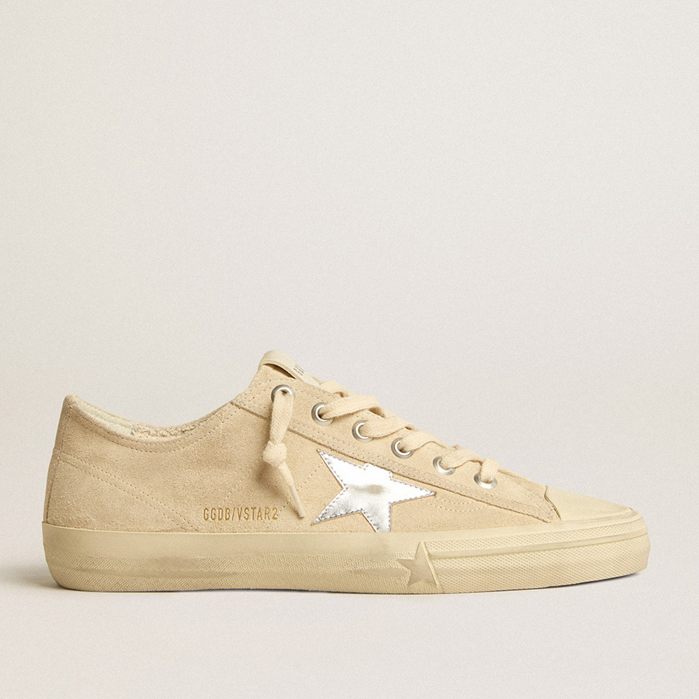 Golden Goose Men's V-Star In Pearl Suede With Silver Metallic Leather Star