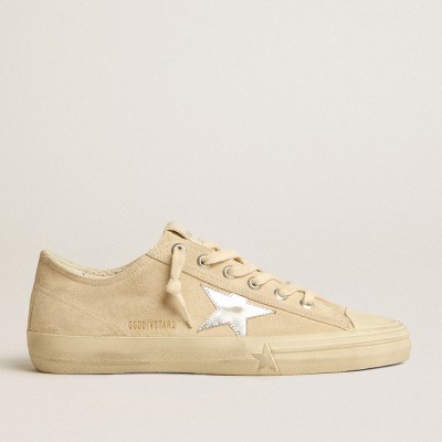 Golden Goose Men's V-Star In Pearl Suede With Silver Metallic Leather Star