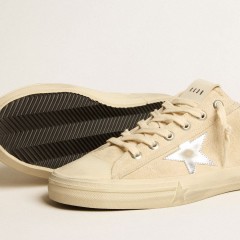 Golden Goose Men's V-Star In Pearl Suede With Silver Metallic Leather Star