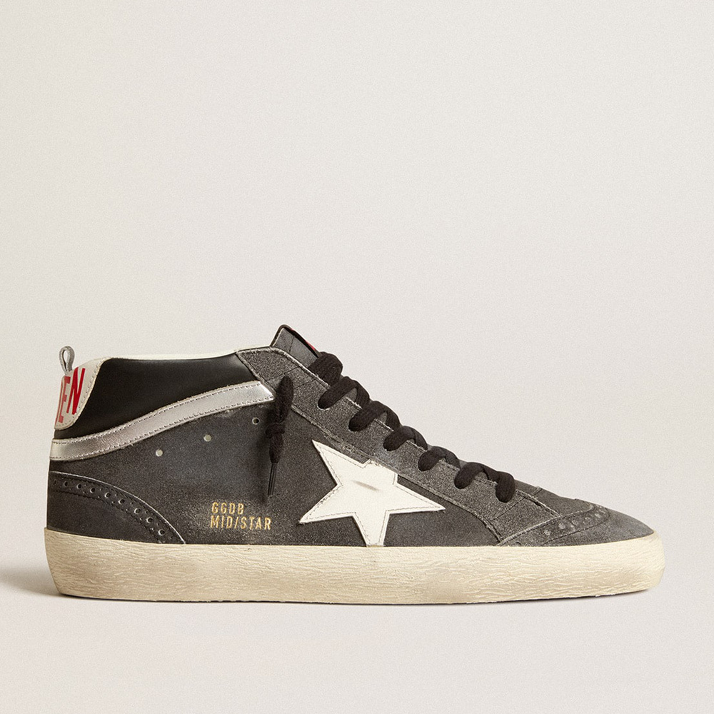 Golden Goose Mid Star In Black Suede With White Leather Star And Silver Flash