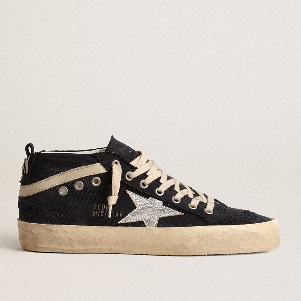 Golden Goose Mid Star In Blue Cotton With Silver Star And Leather Flash