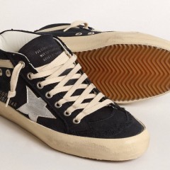 Golden Goose Mid Star In Blue Cotton With Silver Star And Leather Flash