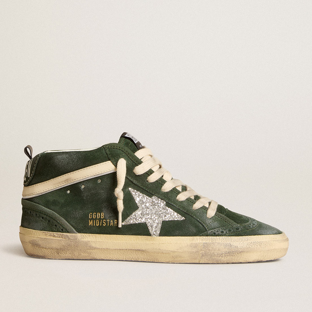 Golden Goose Mid Star In Green Suede With Silver Glitter Star And Leather Flash