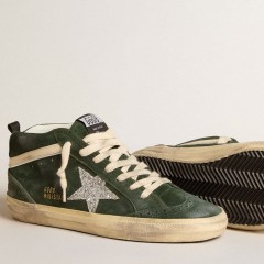 Golden Goose Mid Star In Green Suede With Silver Glitter Star And Leather Flash