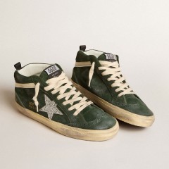 Golden Goose Mid Star In Green Suede With Silver Glitter Star And Leather Flash