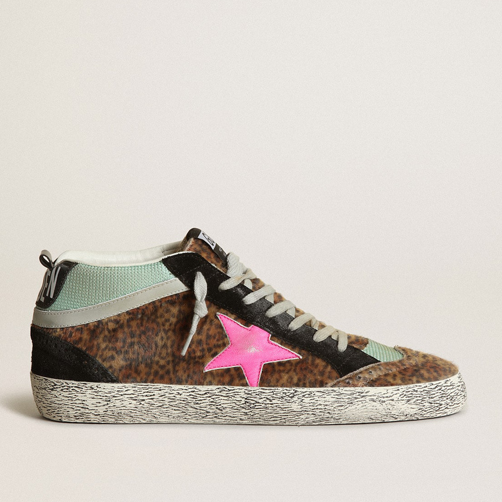 Golden Goose Mid Star In Leopard-print Pony Skin With Fuchsia Leather Star