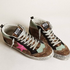 Golden Goose Mid Star In Leopard-print Pony Skin With Fuchsia Leather Star