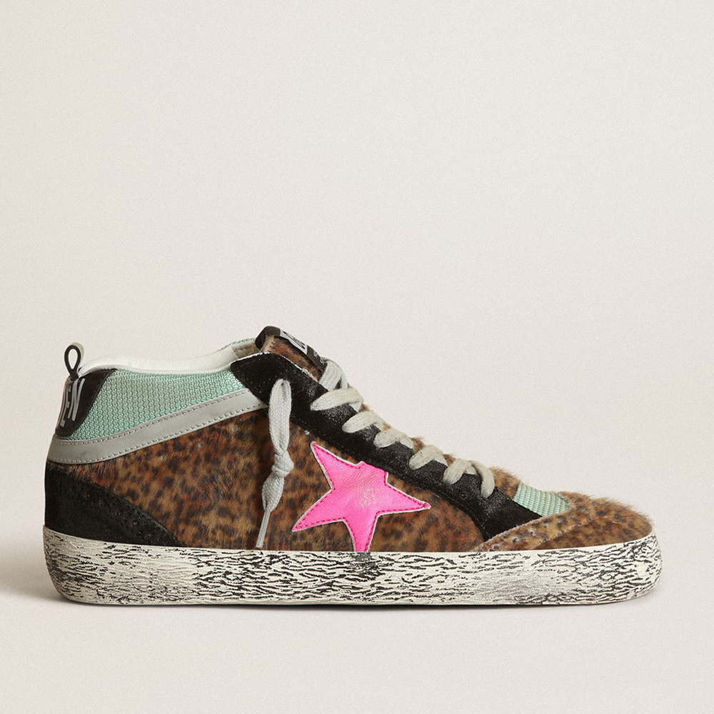 Golden Goose Mid Star In Leopard-print Pony Skin With Fuchsia Leather Star