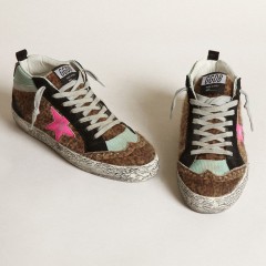 Golden Goose Mid Star In Leopard-print Pony Skin With Fuchsia Leather Star