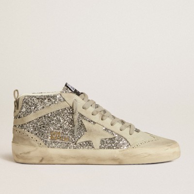 Golden Goose Mid Star In Silver Glitter With Ice-gray Suede Star And Flash