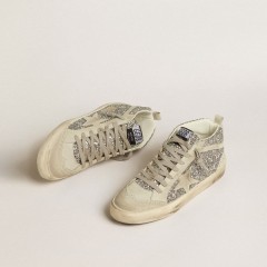 Golden Goose Mid Star In Silver Glitter With Ice-gray Suede Star And Flash