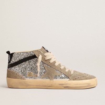 Golden Goose Mid Star In Silver Glitter With Suede Star And Black Flash