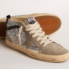 Golden Goose Mid Star In Silver Glitter With Suede Star And Black Flash