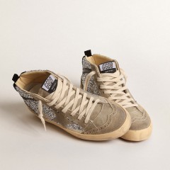 Golden Goose Mid Star In Silver Glitter With Suede Star And Black Flash