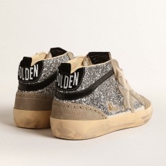 Golden Goose Mid Star In Silver Glitter With Suede Star And Black Flash