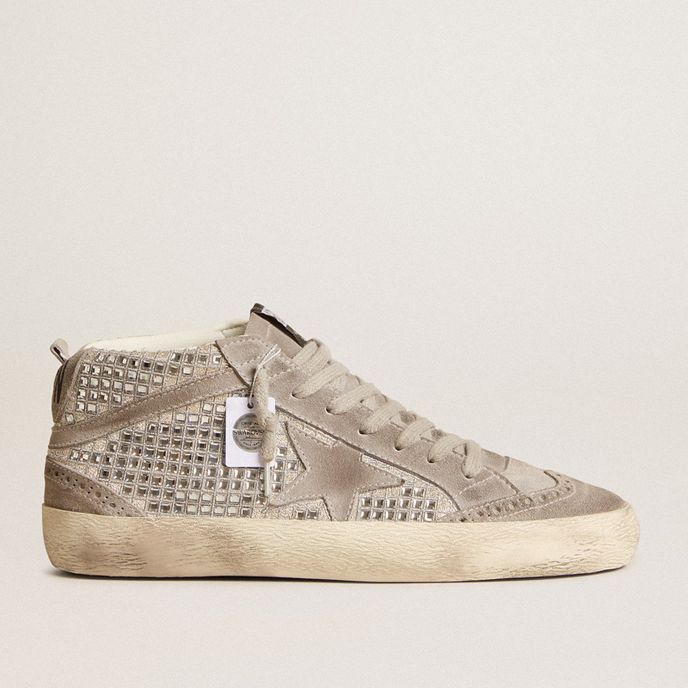 Golden Goose Mid Star In Silver Suede With Swarovski Crystals And Suede Star