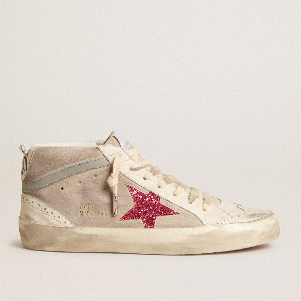 Golden Goose Mid Star In Suede With Fuchsia Glitter Star And Gray Leather Flash