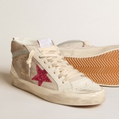 Golden Goose Mid Star In Suede With Fuchsia Glitter Star And Gray Leather Flash