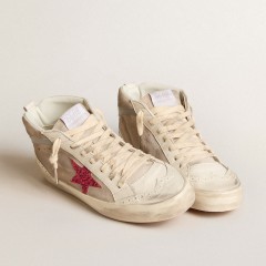 Golden Goose Mid Star In Suede With Fuchsia Glitter Star And Gray Leather Flash