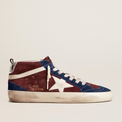 Golden Goose Mid Star In Wine-red Suede With White Nappa Star And Flash