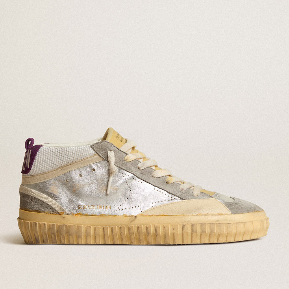 Golden Goose Mid Star LAB In Silver Metallic Leather And Mesh With Perforated Star