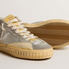 Golden Goose Mid Star LAB In Silver Metallic Leather And Mesh With Perforated Star