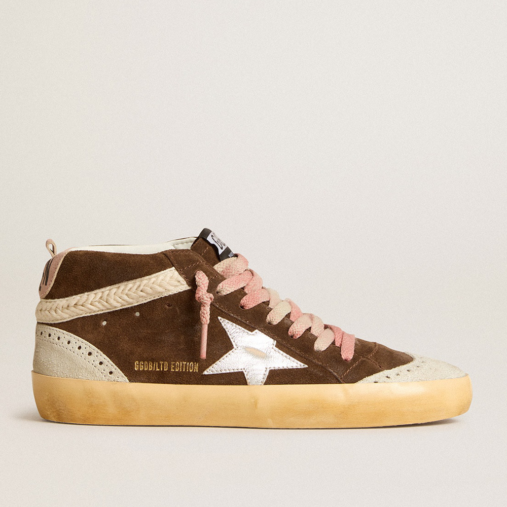 Golden Goose Mid Star LTD In Brown Suede With Silver Nappa Leather Star And Cream Flash