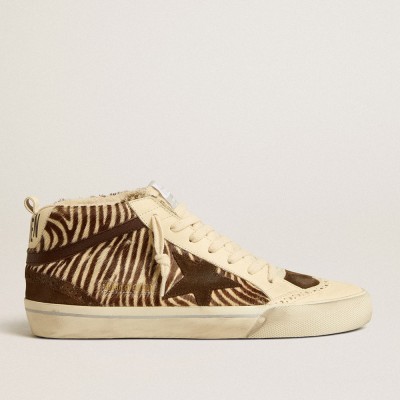 Golden Goose Mid Star LTD In Zebra-print Pony Skin With Suede Star And Brown Flash