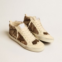 Golden Goose Mid Star LTD In Zebra-print Pony Skin With Suede Star And Brown Flash