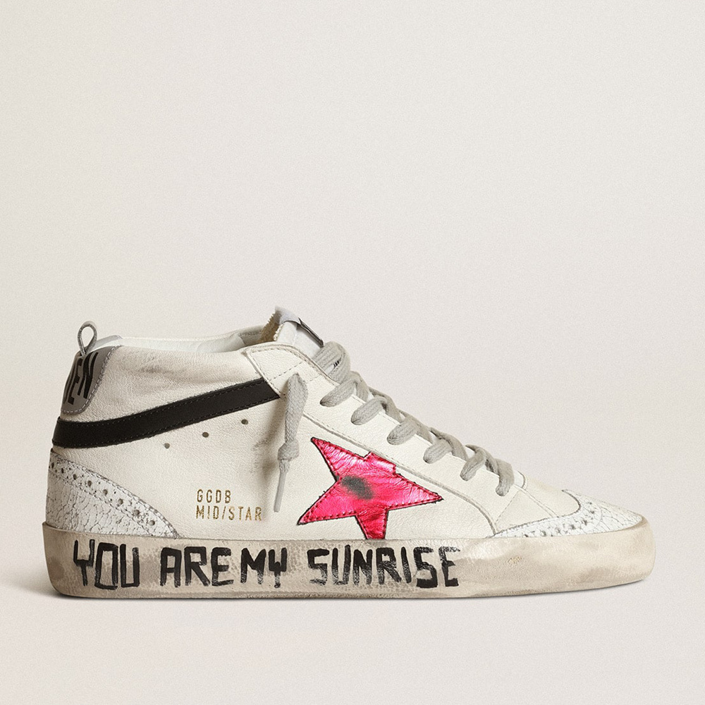 Golden Goose Mid Star With A Pink Laminated Leather Star And Black Flash