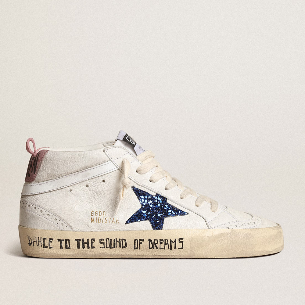 Golden Goose Mid Star With Blue Glitter Star And Pink Suede Heel Tab