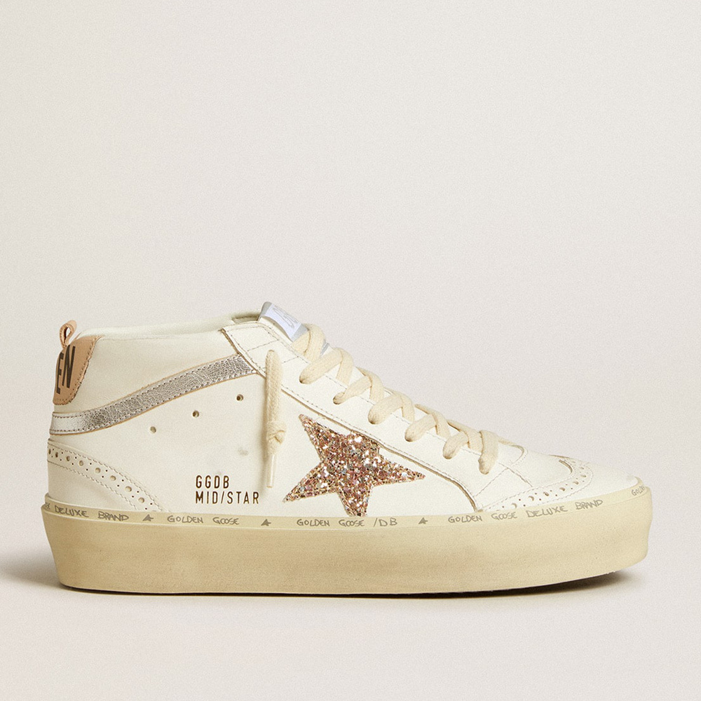 Golden Goose Mid Star With Glitter Star And Metallic Silver Leather Flash