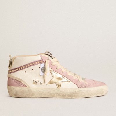 Golden Goose Mid Star With Gold Leather Star And Pink Suede Flash With Pearls