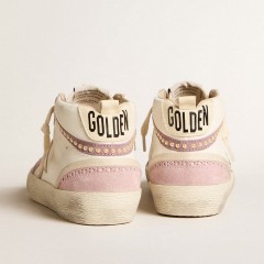 Golden Goose Mid Star With Gold Leather Star And Pink Suede Flash With Pearls