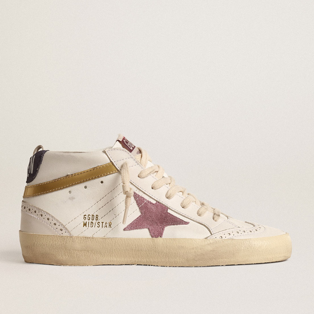 Golden Goose Mid Star With Pink Suede Star And Gold Metallic Leather Flash